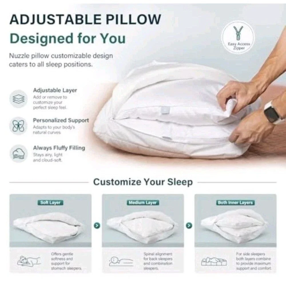 Nuzzle Adjustable Firm Pillow Luxury Standard Size Bed Pillow Hotel Collection